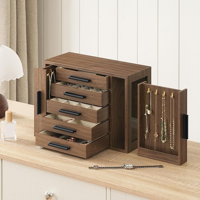 HOOBRO 5-Tier Jewelry Box, Wooden Jewelry Organizer with Transparent Windows, Jewelry Storage Box with 2 Vertical Drawers, for Earring, Necklace, Bracelet, Ring, Watch, Walnut and Black BH19JB04 - Image 3