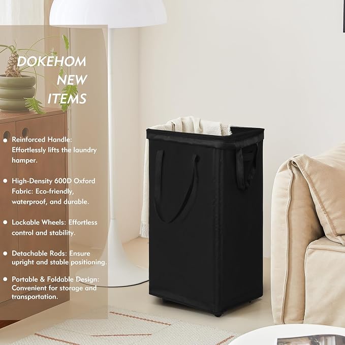 DOKEHOM 90L X-Large Laundry Basket with Removable Wash Bag on Wheels, Collapsible Rolling Laundry Hamper, Foldable Clothes Organizer, Folding Washing Bin (Black) - Image 2