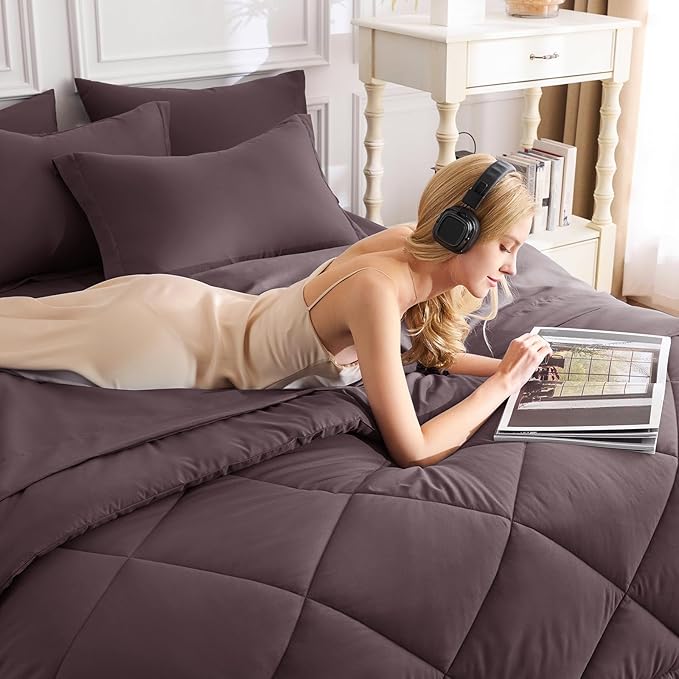 CozyLux Queen Comforter Set Cocoa Powder - Bed in a Bag Queen Size 7 Pieces, Luxury Soft Bed Set for All Seasons, Bedding Set with Down Alternative Comforter, Sheets, Pillowcases & Shams
