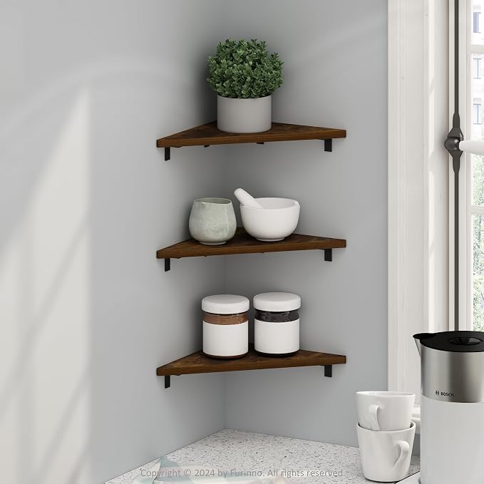 Furinno Rossi Triangle Floating Shelves for Wall, Set of 3 Geometric Corner Shelf, Wall Mounted Shelves for Bathroom, Home Office, Living Room, Amber Pine - Image 2