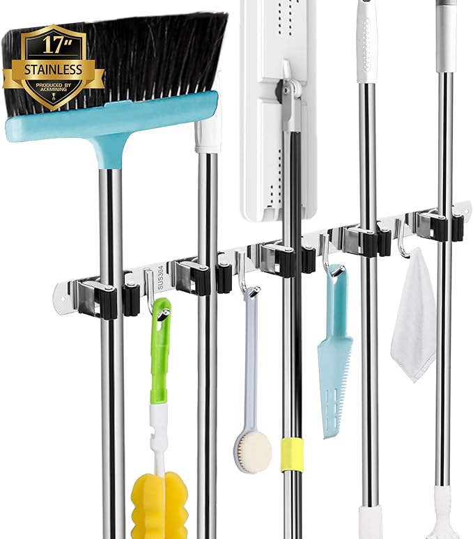 AceMining 5 Racks and 4 Hooks Mop and Broom Holder Wall Mount, Broom Organizer Storage Tool Racks Stainless Steel Heavy Duty Hooks Self Adhesive Solid Non-slip for Home Kitchen Garden Laundry Garage by AceMining
