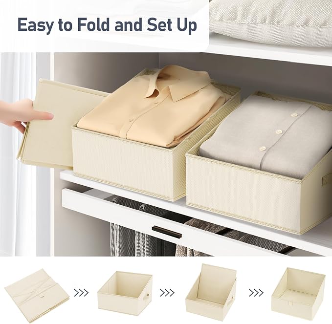 DIMJ Closet Storage Bins - Fabric Storage Baskets for Shelves, Collapsible Clothes Organizer with Handles for Purse, Toys, Books, Towel, Clothes, 6 Pack, Beige - Image 5