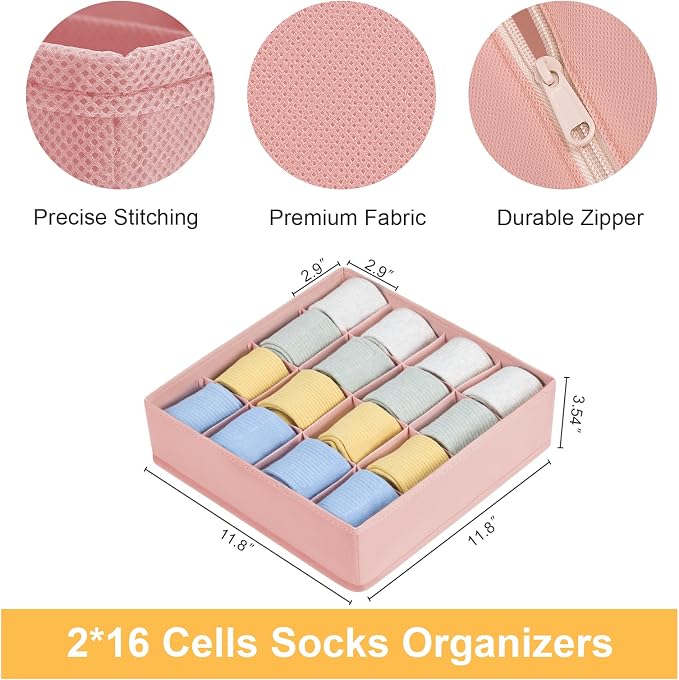 Joyoldelf Sock Drawer Organizer Divider, 16-Cell Underwear Organizers and Storage Fabric Drawer Organizer for Socks, Lingerie, Ties, 2 Packs Pink - Image 2