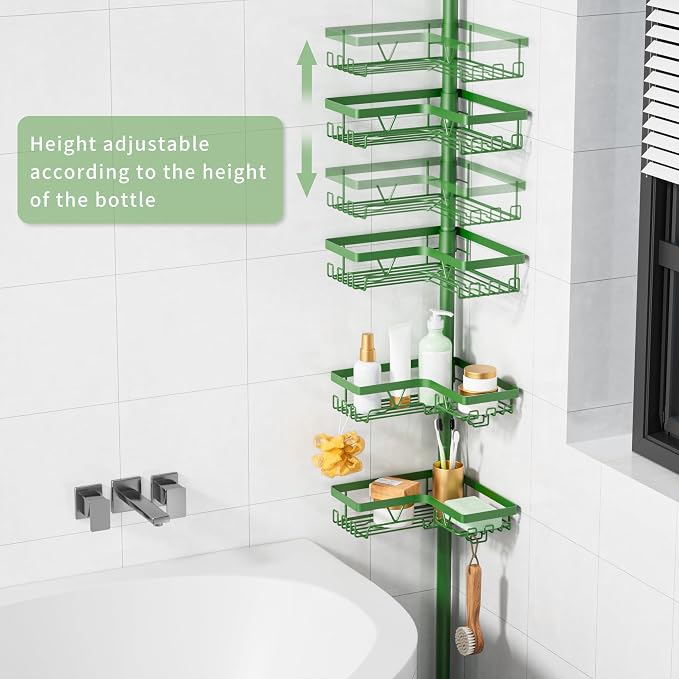 KEGII Shower Caddy Tension Pole, 4-Tier Rustproof Adjustable Corner Bathroom Organizer for Renters, 25–114.2 Inch No Drill Space-Saving Shower Storage Rack, Emerald Green - Image 2