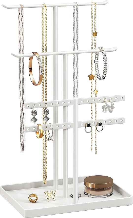 pickpiff Jewelry Stand Organizer, 14.5" Tall Sturdy Metal, 3-TierJewelry Holder for Necklace, Earring, Bracelet, Ring, Hanger for Display and Storage, Aesthetic Room Decor, White by pickpiff