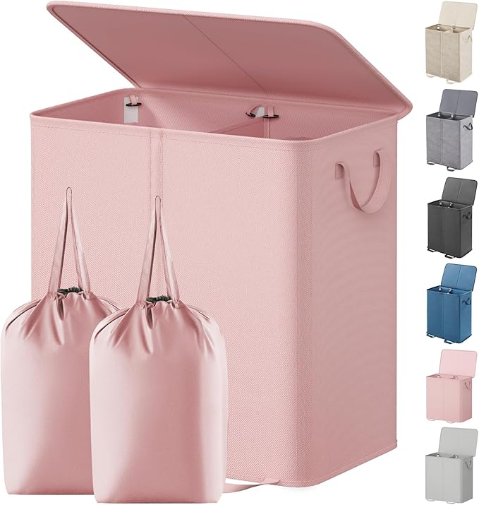Lifewit Double Laundry Hamper with Lid and Removable Laundry Bags, Large Collapsible 2 Dividers Dirty Clothes Basket with Handles for Bedroom Laundry Room Closet Bathroom College, 136L Pink by Lifewit