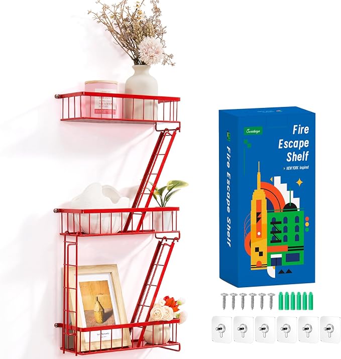 SweetSage Fire Escape Wall Shelf Red - New York Wall Art Decorative Figure Display Floating Shelves Metal Racks for Living Room, Home Office Storage (3-Tier) by HOME