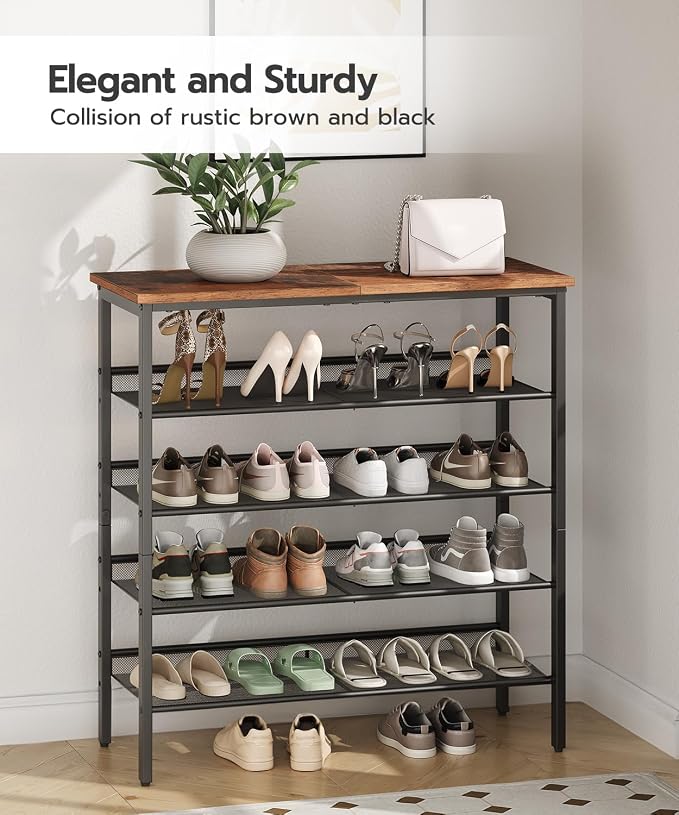 HOOBRO Shoe Rack for Entryway, 5-Tier Shoe Organizer with Adjustable Mesh Shelves, 16-20 Pairs of Shoes, Spacious Floor Mount, Metal, Industrial, Shoe Shelf for Closet, Rustic Brown BF12XJ01 - Image 7