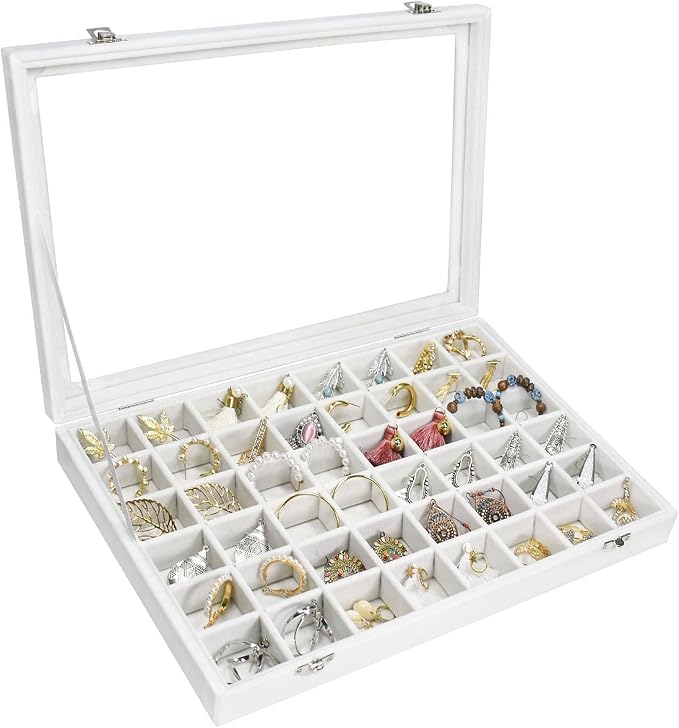 Siveit Velvet Jewelry Tray 48 Grid Jewelry Display Tray Organizer Box with Transparent Lid Rings Earrings Necklaces Pendants Display Box Suitable for Women and Girls (Ivory) by Siveit