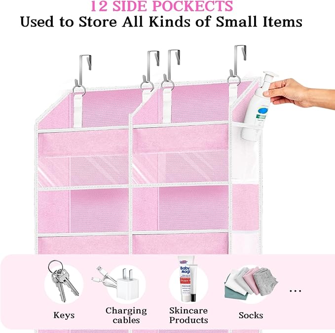 Over The Door Organizer 6 Tiers, Extra Large Behind Door Storage of 12 Compartments, 80 lbs Weight Capacity Hanging Storage Organizer with Clear Window Kids Toys,Shoes,Diapers,Room Storage,Pink - Image 5