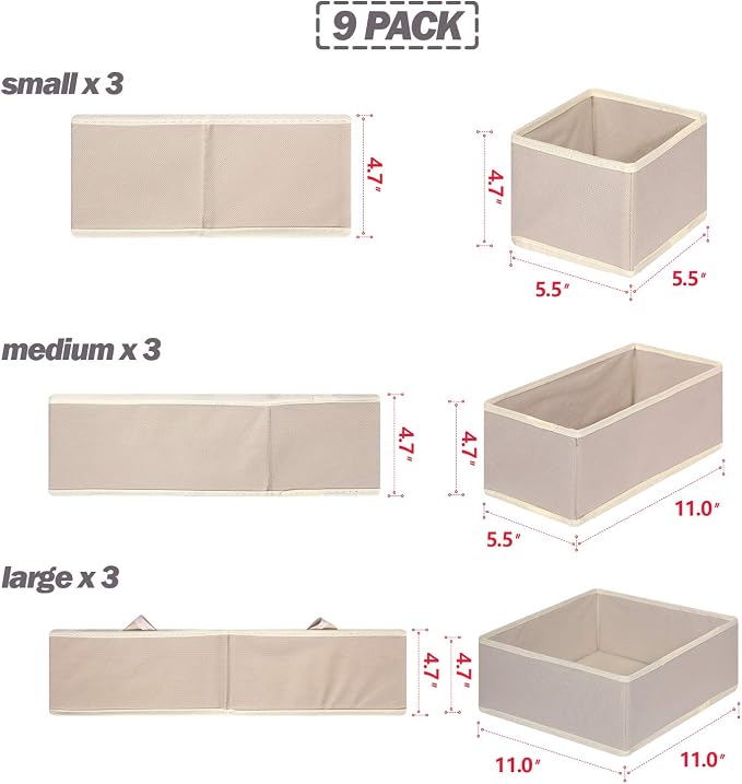 DIOMMELL 9 Pack Foldable Cloth Storage Box Closet Dresser Drawer Organizer Fabric Baskets Bins Containers Divider for Baby Clothes Underwear Bras Socks Lingerie Clothing,Beige 333 - Image 2