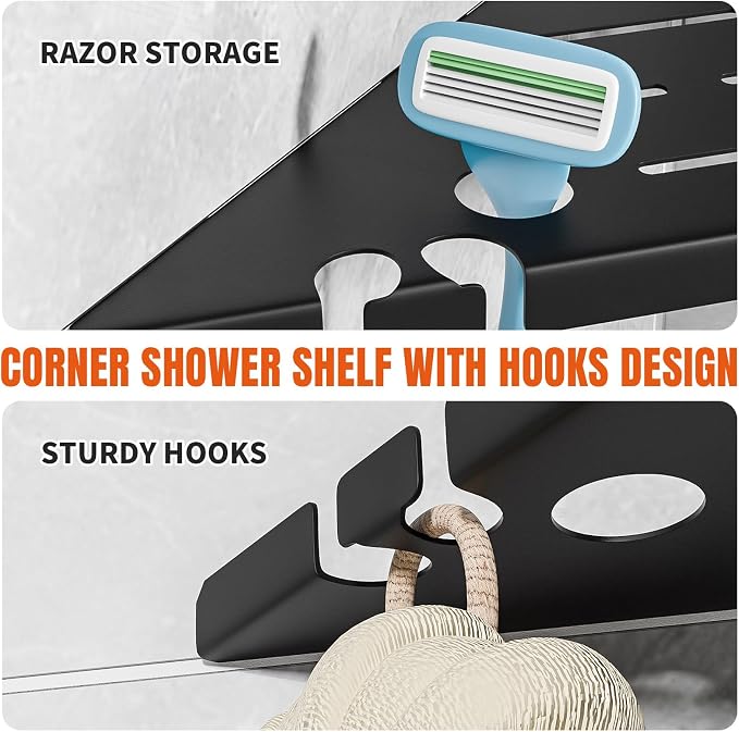 Permanent Tile-in Corner Shower Shelves with Hooks, Modern 304 Stainless Steel Shower Caddy for Bathroom Renovation & Hotel, Heavy Duty No-Drill Grout Mount Organizer for Tile Wall,10", 2 Pack - Image 3