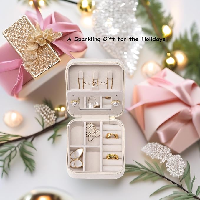 Vlando Small Travel Jewelry Box Organizer - Mirrored Carry-on Jewelries Necklaces Rings Earrings Necklace Storage Case, Beige - Image 5