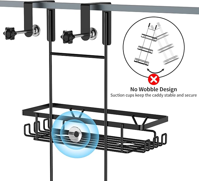 KEGII Shower Organizer Hanging Over the Door, 3 Tier Large Capacity Shower Caddy with 2 Soap Holders & Razor Holders, 18 Hooks & 4-in-1 Dual Hooks, Adjustable Rustproof Bathroom Rack, Black - Image 2