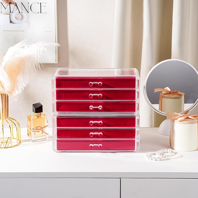 Lolalet Earring Holder Organizer Box Jewelry Storage with 6 Drawers, Clear Acrylic Stackable Earring Case with Adjustable Velvet Trays for Women on Dresser Vanity -Red, 6 Layers - Image 5