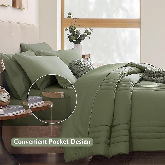 Monbix Queen Comforter Set - 7 Pieces Light Sage Green Bed in a Bag Queen Bedding Sets with Comforters, All Seasons Comforter Bed Set with Sheets, Pillowcases & Shams