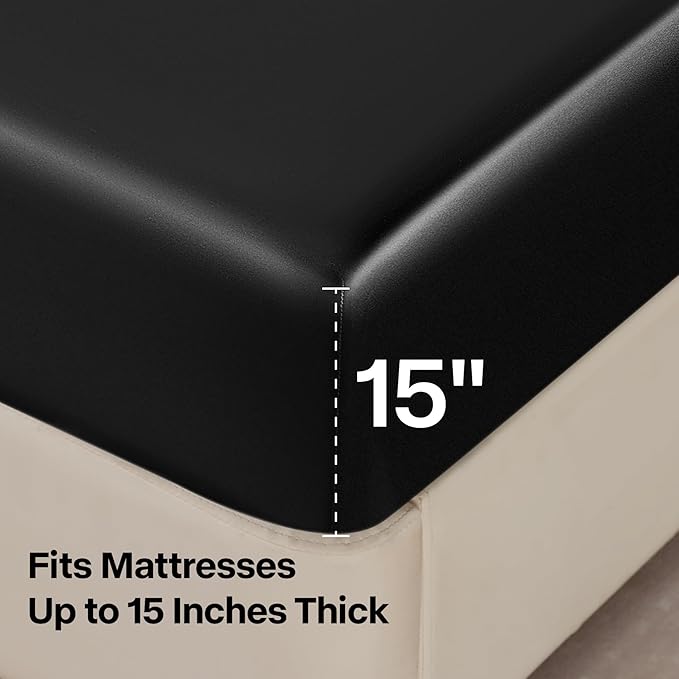 BEDELITE Satin Sheets Full Size Bed Set, Luxury Soft Black Silky Sheets for Hair and Skin, Similar to Silk Bed Sheets Set 4 Pieces with 1 Deep Pocket Fitted Sheet, 1 Flat Sheet, and 2 Pillowcases