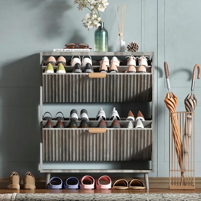 Shoe Cabinet Storage,Modern Freestanding Organizer with 2 Flip Drawers,Narrow Shoe Rack Cabinet for Entryway,Grey by QIVOMIX