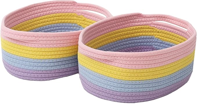 JMvicyroam Woven Basket,Small Rope Storage Bin with Handles & Ribbon Bag, Organizer for Shelves Closets,Gift Basket Empty for Birthday,Books,Dog Toys, Rainbow/2 Pack by JMvicyroam
