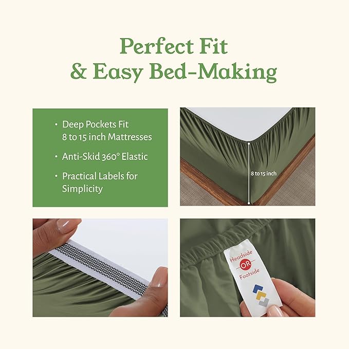 California Design Den Full Size Sheets Set - Soft 100% Organic Sheets with Deep Pockets, Crisp Percale, Breathable and Durable Bedding Set - Olive Green