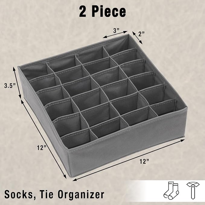 Simple Houseware 2 Pack Closet Sock Organizer, 24 Cell Drawer Divider, Dark Gray - Image 2