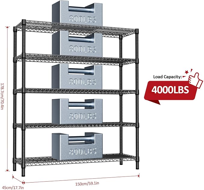 IZEUK 5-Tier Adjustable Heavy Duty Metal Storage Shelving Unit, Wide Utility Rack Organizer for Garage, Basement, Kitchen, Office, Warehouse (Black, 17.7" D x 59.1" W x 70.9" H) - Image 3