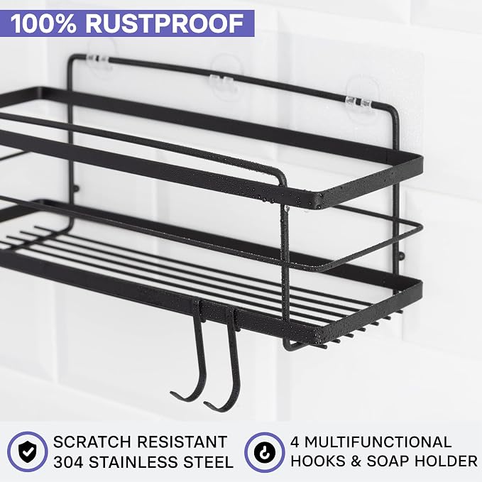 KINCMAX Premium Shower Caddy with Soap Holder, 2-Pack Adhesive Shower Organizer, No Drill Bathroom Shelves, Rustproof Stainless Steel Shelves for Inside, Shower Storage Rack, Matte Black - Image 2