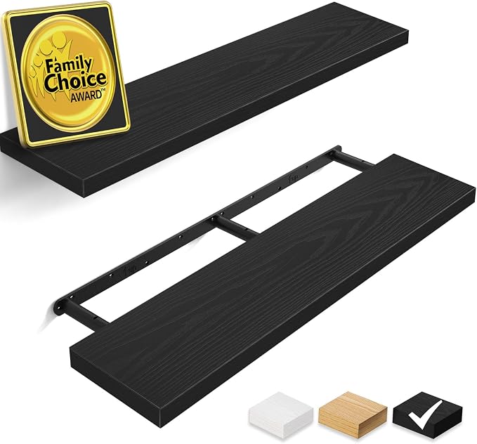 BAYKA Floating Shelves for Wall, 36 inches Long Wall Mounted Rustic Wood Shelves for Bathroom, Bedroom, Living Room, Kitchen, Office, Hanging Shelf for Books/Storage/Decor(Black,Set of 2) by Bayka