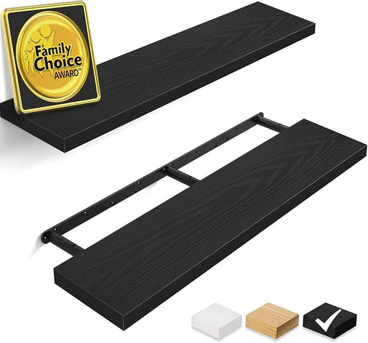 BAYKA Floating Shelves for Wall, 36 inches Long Wall Mounted Rustic Wood Shelves for Bathroom, Bedroom, Living Room, Kitchen, Office, Hanging Shelf for Books/Storage/Decor(Black,Set of 2) by Bayka