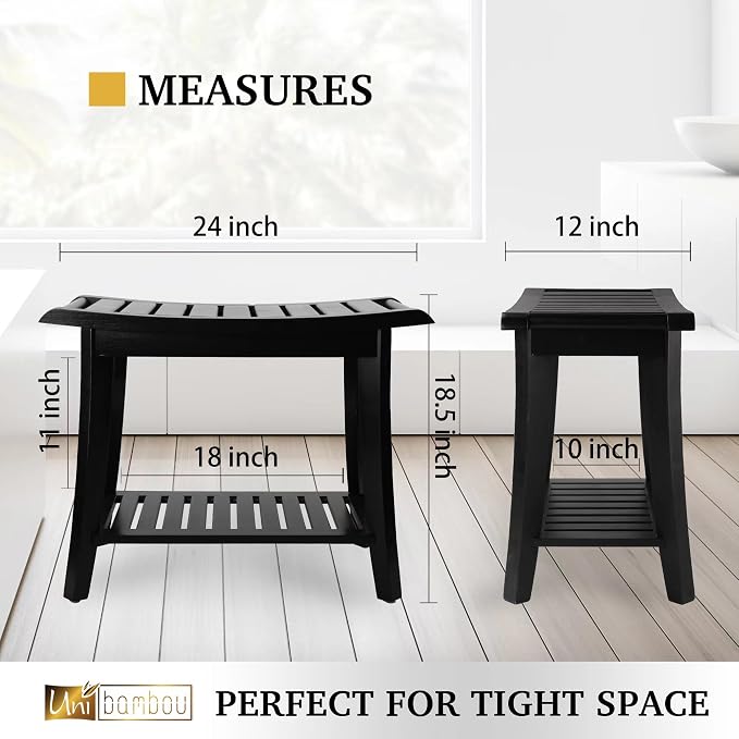 Bamboo Shower Bench Inside Shower Stool with Storage Shelf, Spa Bath Chair for Bathroom, Seat or Organizer for Living Room, Bedroom and Garden - Great for All Ages Unisex Elderly (Large, Black) - Image 3