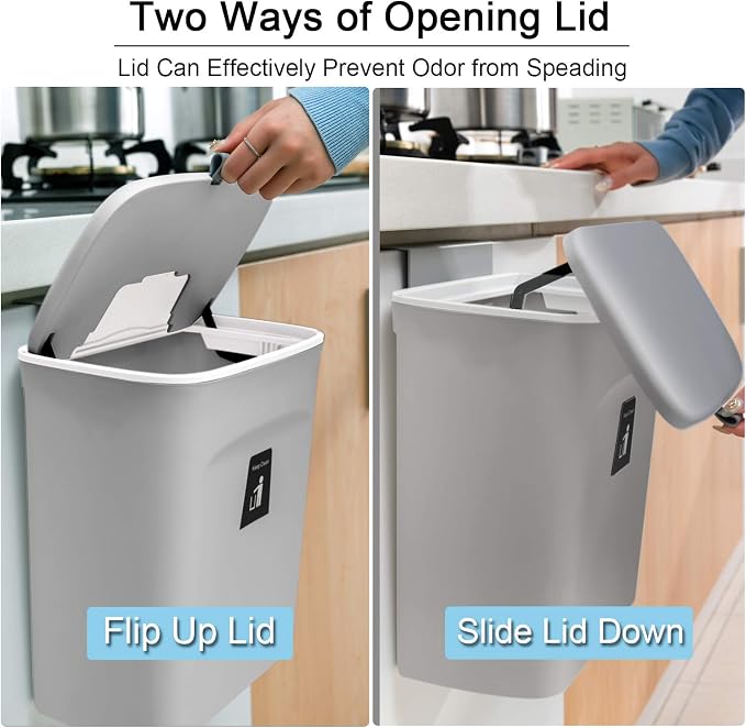 Tiyafuro 2.4 Gallon Kitchen Compost Bin for Counter Top or Under Sink, Hanging Small Trash Can with Lid for Cupboard/Bathroom/Bedroom/Office/Camping, Mountable Indoor Compost Bucket, Gray - Image 3