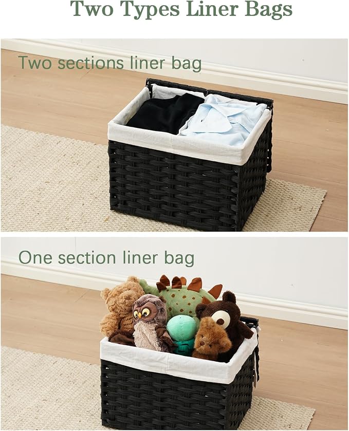 SETVSON Storage Basket with Lid Woven Wicker Baskets with 2 Separate Lid, 9.2 Gallon (35 L) Wicker Storage Bins with Handles, Foldable and 2 Removable Liner Bags for Bedroom, Laundry Room Black - Image 6