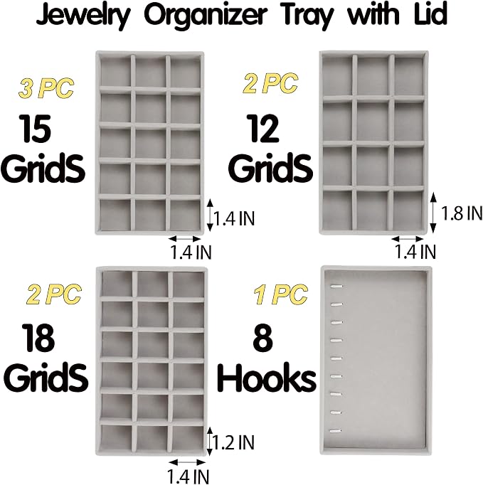 Set of 8 Stackable Jewelry Organizer Trays with 1 Lid for Drawer & Dresser Organizer, Adjustable Velvet Jewelry Box Tray Earring Organizer Necklace Storage Ring Bracelet Display Case (Gray) - Image 2