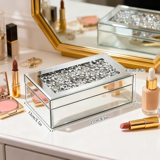 Luxury Mirrored Jewelry Box with Crushed Diamond - Glass Jewelry Box Organizer Storage for Women, Ring Holder Case for Dresser and Decorative - Image 4