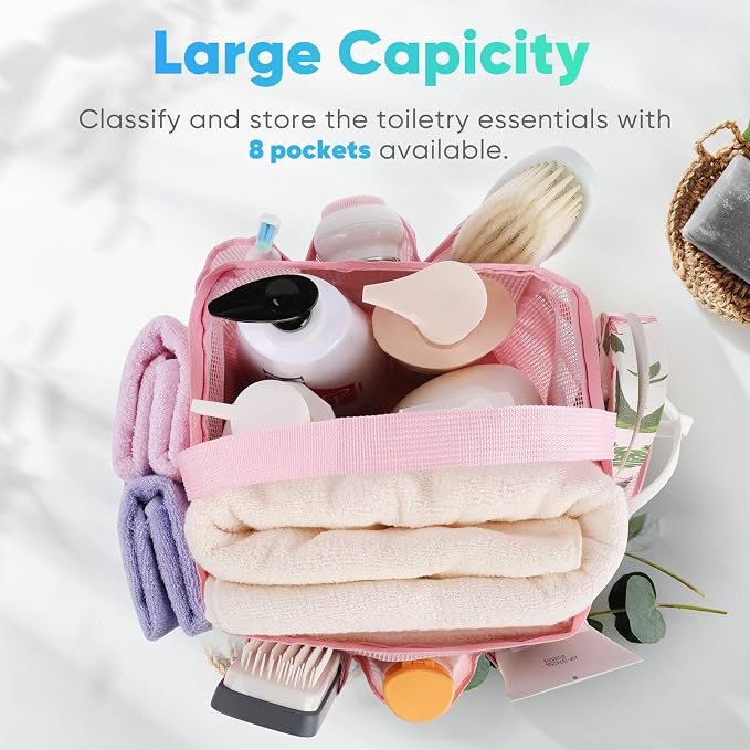 EUDELE 2 Pack Mesh Shower Caddy Portable for College Dorm Room Essentials, Shower Caddy Dorm with 8-Pocket Large Capacity,Shower Bag for Beach,Swimming,Gym All Black+All Pink - Image 2