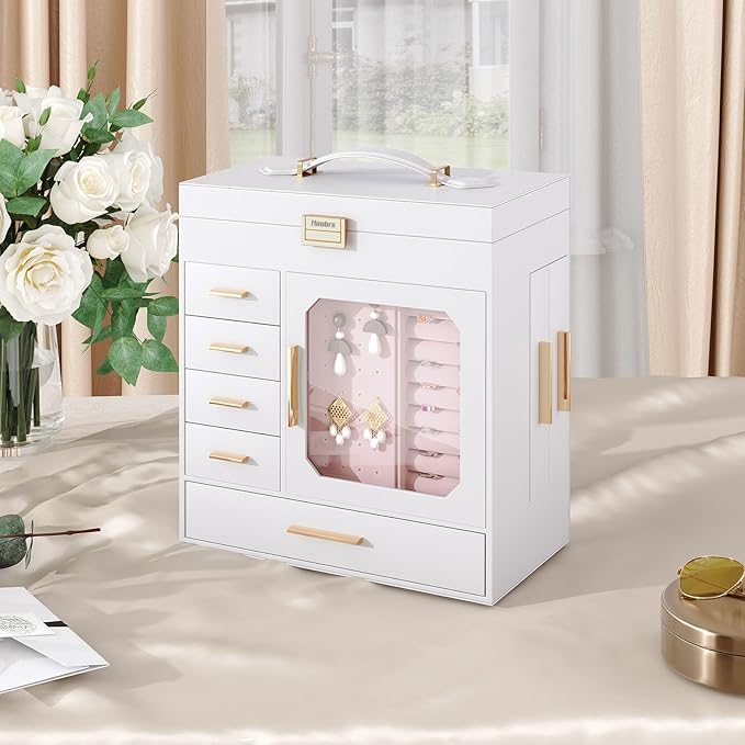 HOOBRO Jewelry Box with Mirror, Jewelry Organizer Box with Capacious Storage Space, Vertical Storage, Glass Cover, Modern Style, White and Light Gold WT06JB04G1 - Image 3