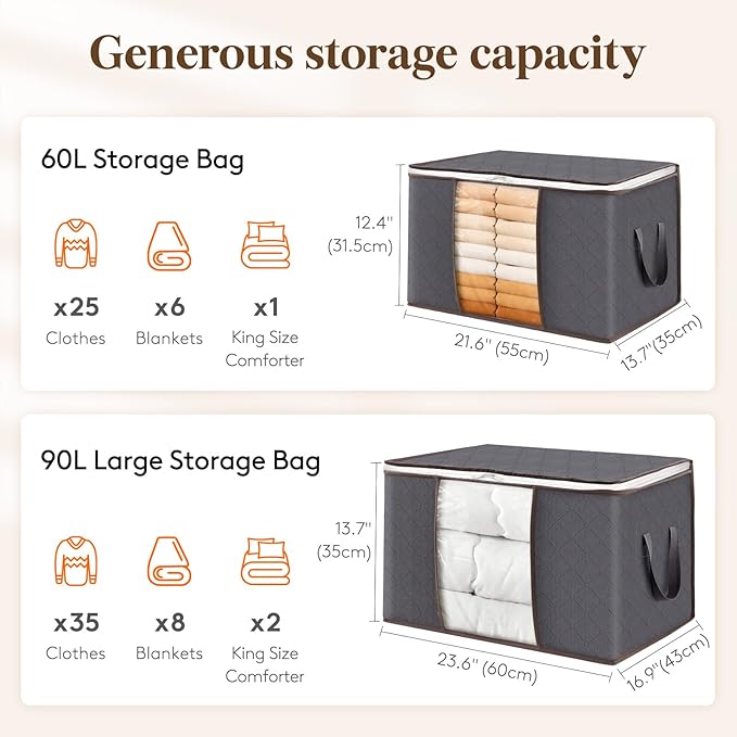 Lifewit 2 Pack 60L Clothes Storage Bins with Lids, Foldable Blanket Storage Bags with Zippers, Clear Window and Reinforced Handles, Closet and Organization for Clothing, Sweater, Comforter, Bedding