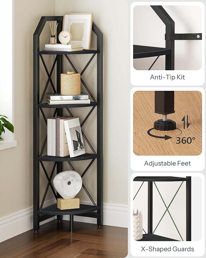 CHOEZON 4-Tier Corner Shelf, Industrial Corner Bookshelf, 47.6" Corner Storage Stand, Plant Stand Display Shelf, Corner Bookcase for Bedroom, Living Room, Home Office, Black TCJ09BB - Image 4
