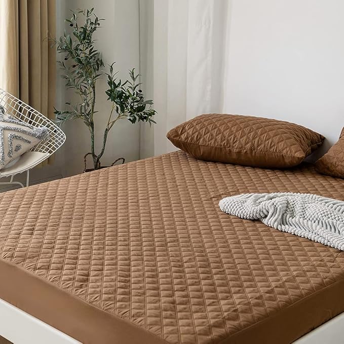 vctops Quilted Fitted Sheet Waterproof Mattress Protector Pad Ultra Soft Elastic Fitted Deep Pocket Bed Cover (Coffee, Twin)