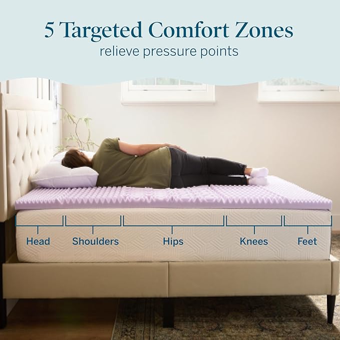 LUCID Lavender Infused 2 Inch Memory Foam Mattress Topper with 5 Zones – Twin Size – Plush Feel – CertiPUR Certified – Dorm Room Essentials