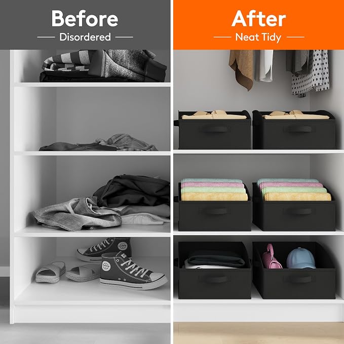 Lifewit Trapezoid Closet Storage Bins for Shelf, 6 Packs Non-woven Closet Organizer Baskets with Handles, Foldable Clothes Containers Boxes for Clothing, Book, Purse, 16L, Medium, Black - Image 7