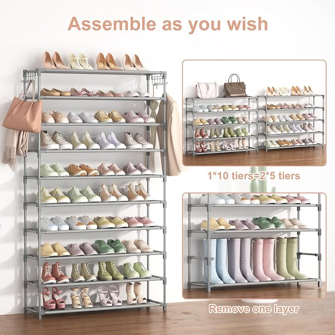 LANTEFUL 10 Tiers Shoe Rack 50 Pairs Large Capacity Tall Shoe Organizer Sturdy Shoe Storage with Two Hooks Space Saving Metal Wide Shoe Rack for Closet, Entryway, Bedroom, Grey - Image 5