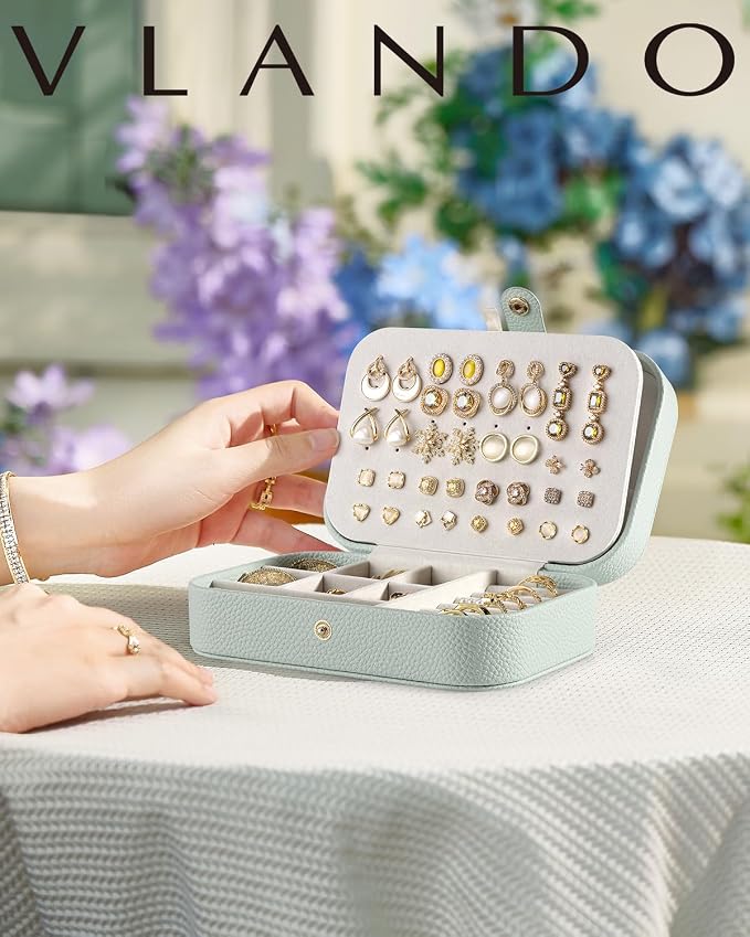 VLANDO Travel Jewelry Case for Women Girls Mothers, PU Leather Portable Small Jewelry Box for Rings, Necklaces, Bracelets, Earring Holder Organizer Storage for Travel, Bridesmaid Gifts - Mint Green - Image 8