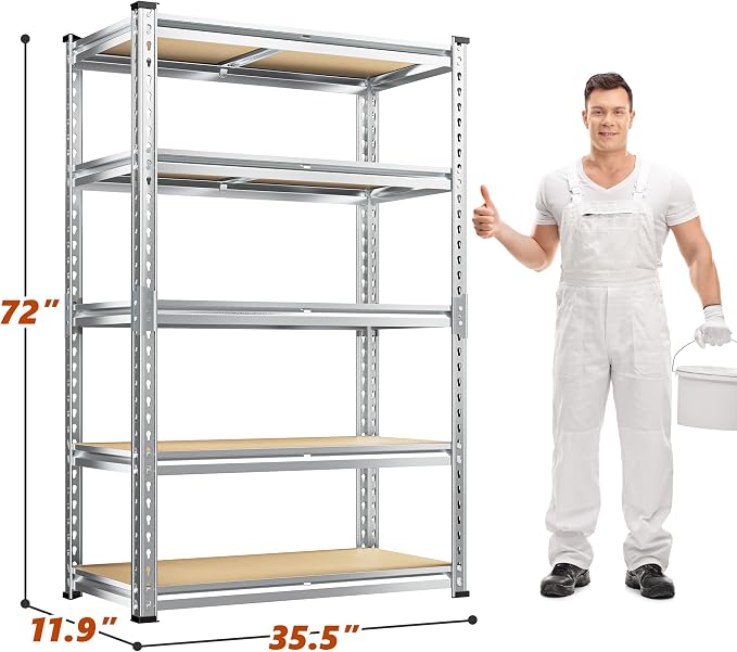 REIBII Garage Shelving, 5 Tier Storage Shelves Load 2400LBS, Adjustable Garage Shelving Heavy Duty, Metal Shelving Unit with Waterproof Columns, 35.5" W x 11.9" D x 72" H, Galvanized, 3 Pack - Image 3