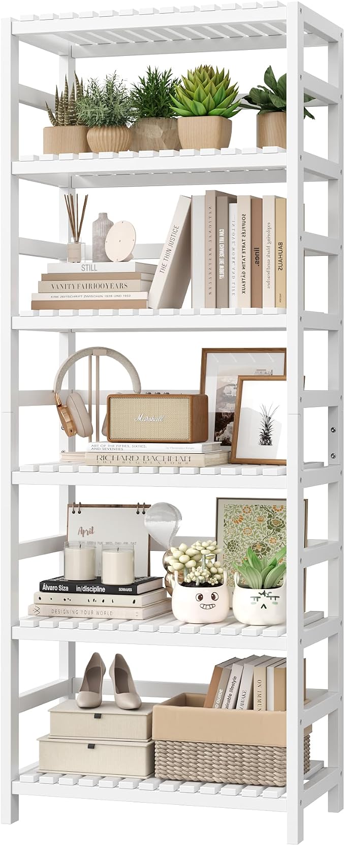 FOTOSOK 6-Tier Bamboo Shelf, Bamboo Bookcase with Adjustable Shelves, Free Standing Storage Shelf Unit, Plant Flower Stand for Bathroom, Kitchen, Home Office, White by FOTOSOK