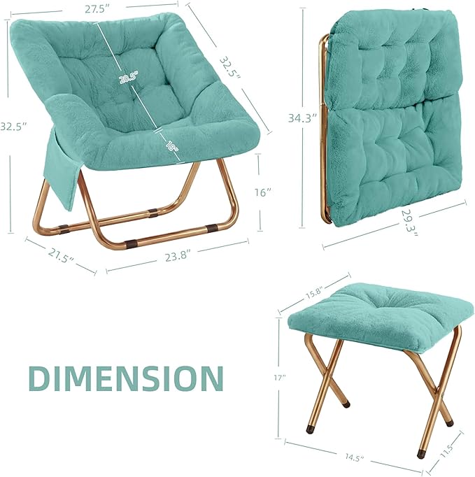 Kasunpul Comfy Saucer Chair, Foldable Living Room Chairs, Soft Faux Fur Lounge Chair for Bedroom, Reading Chairs for Adults, Teens, X-Large (Mint)