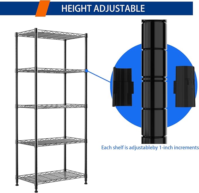 REGILLER 5-Wire Shelving Metal Storage Rack Adjustable Shelves,Standing Storage Shelf Units for Laundry Bathroom Kitchen Pantry Closet(Black,11.8" D x 21.2" W x 53.5" H) - Image 6