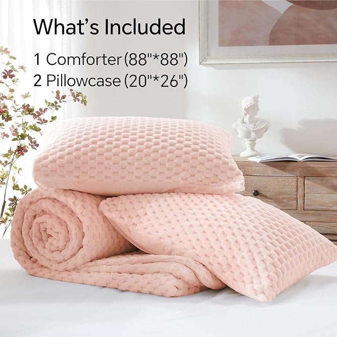 BEDELITE Fluffy Queen Comforter Set - Pink Fleece Soft Comforter for Queen Size Bed, Luxury Warm Bedding Set for Winter, Fuzzy Bed Set 3 Pieces (1 Comforter, 2 Pillowcases)