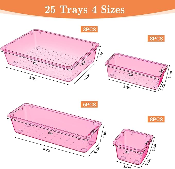 SpaceHacks 25 PCS Plastic Drawer Organizer Set, 4-Size Versatile Organizer Trays & Storage Bins for Makeup, Jewelry, and Gadgets in Bathroom, Bedroom and Office, Clear Pink - Image 2