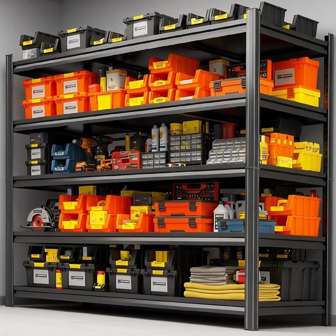 Garage Shelving,Heavy Duty Metal Garage Storage Shelves, Metal Shelving, 3000 lbs Adjustable Standing Shelf and Double-Layer Posts for Garage,Warehouse,Basement (63×45.28×18n-5 Tier) by FlyDzrewtGarageShelving